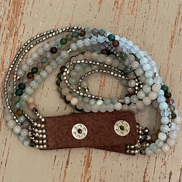 NAKAMOL Unakite and Leather Multi Strand Double Wrap Bead Green Stone Bracelet - Picture 4 of 7